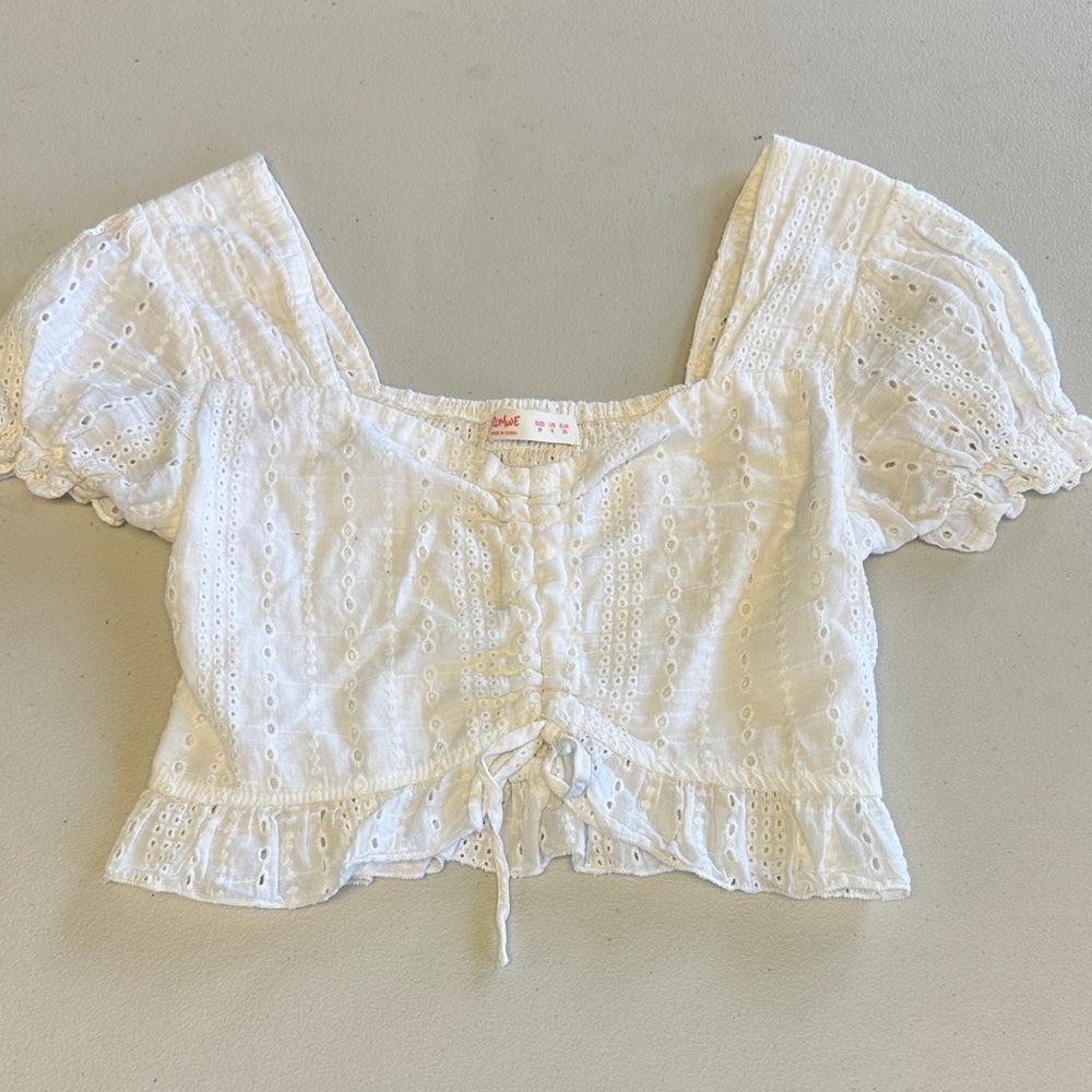 Eyelet Drawstring Square-Neck Crop Top - White